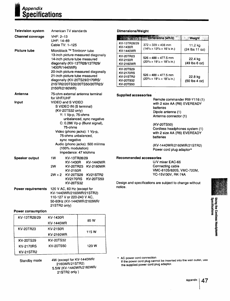 Television system channei coverage, Picture tube, Antenna | Input, Speaker output, Power requirements, Supplied accessories, Recommended accessories, Specifications, Appendix | Sony Cable Box User Manual | Page 47 / 48