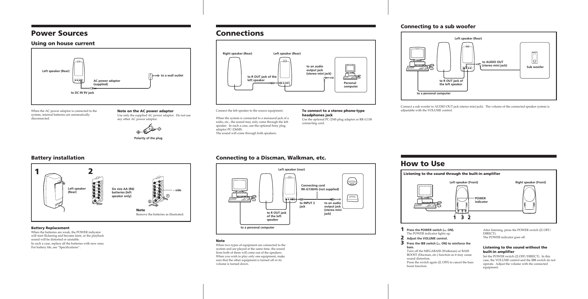 Connections, Power sources, How to use | Using on house current battery installation, Connecting to a discman, walkman, etc, Connecting to a sub woofer | Sony SRS-PC41 User Manual | Page 2 / 2