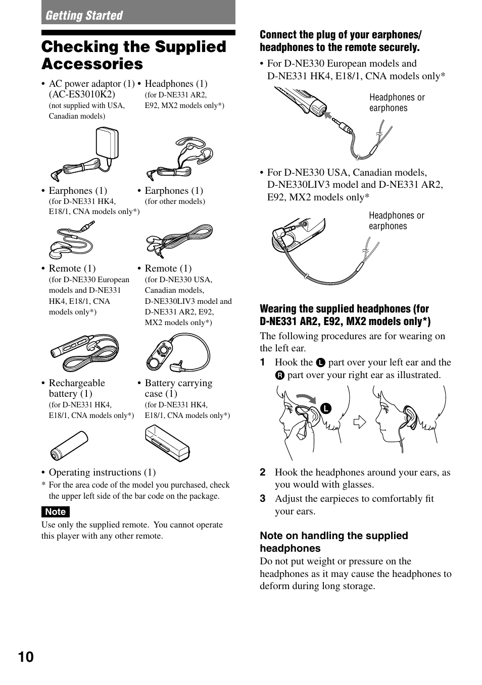 Getting started, Checking the supplied accessories | Sony D-NE330 User Manual | Page 10 / 40