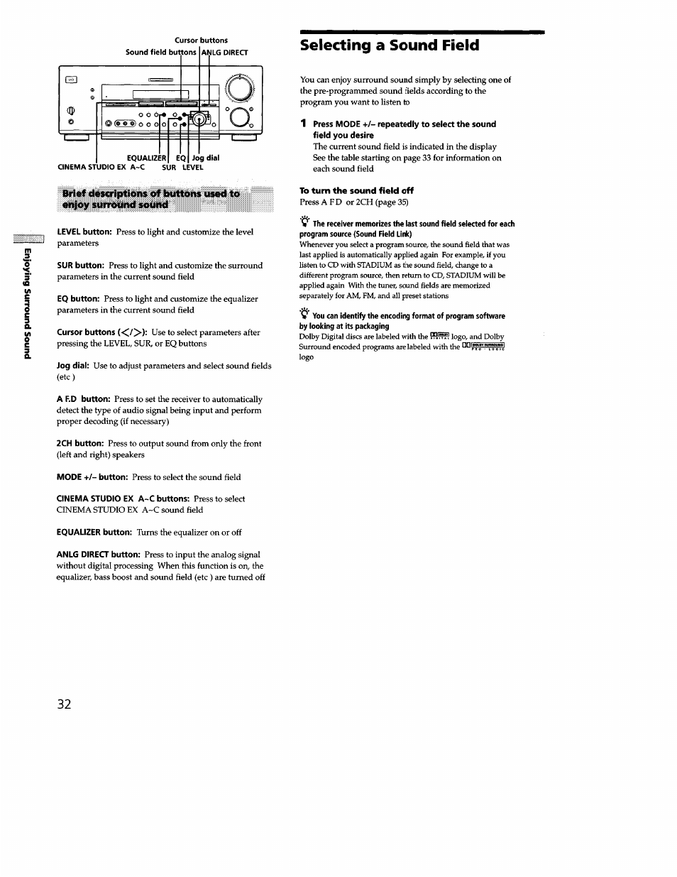 Selecting a sound field | Sony STR-DB940 User Manual | Page 32 / 93