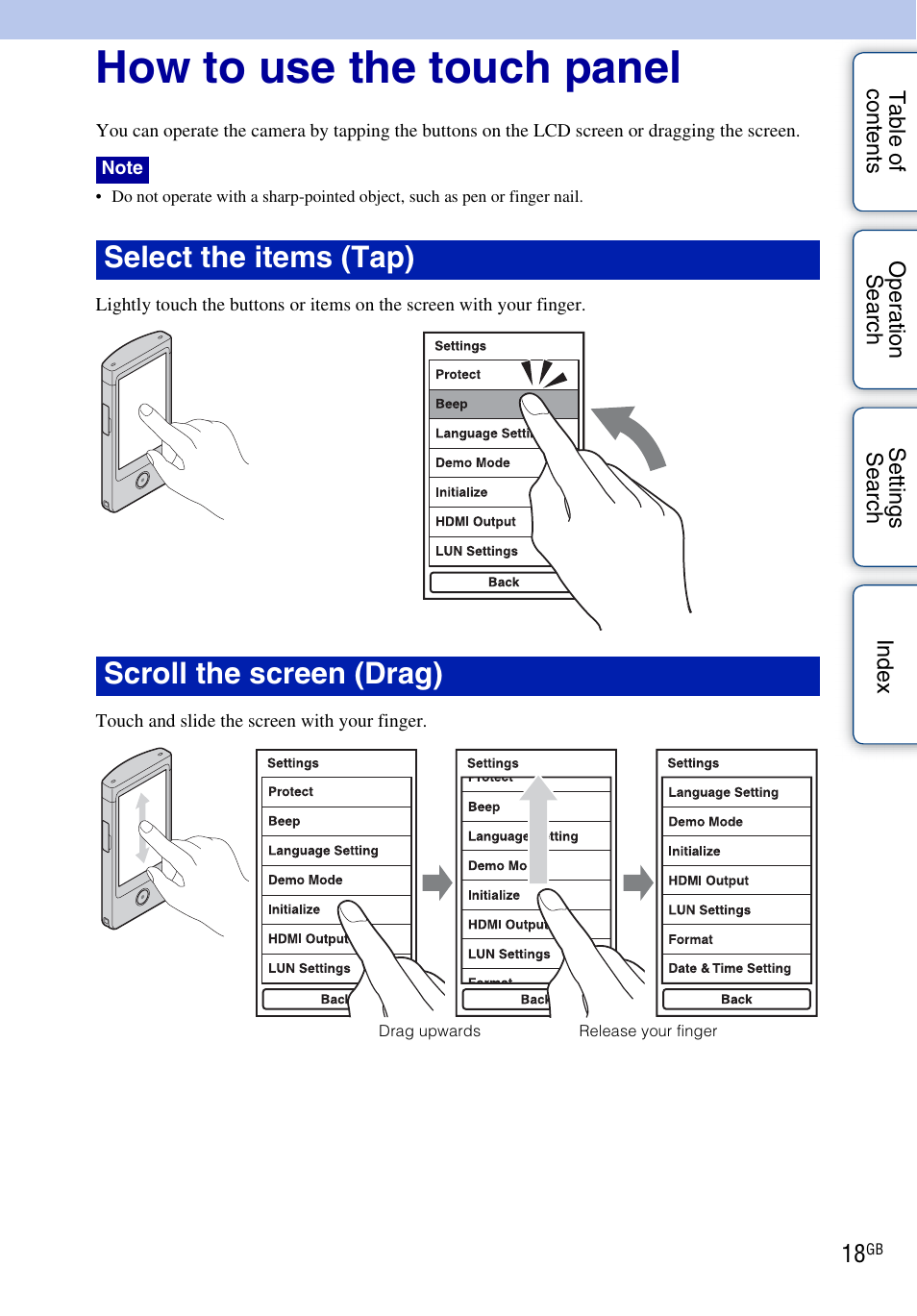 How to use the touch panel, Select the items (tap) scroll the screen (drag) | Sony bloggie MHS-TS20К User Manual | Page 18 / 73