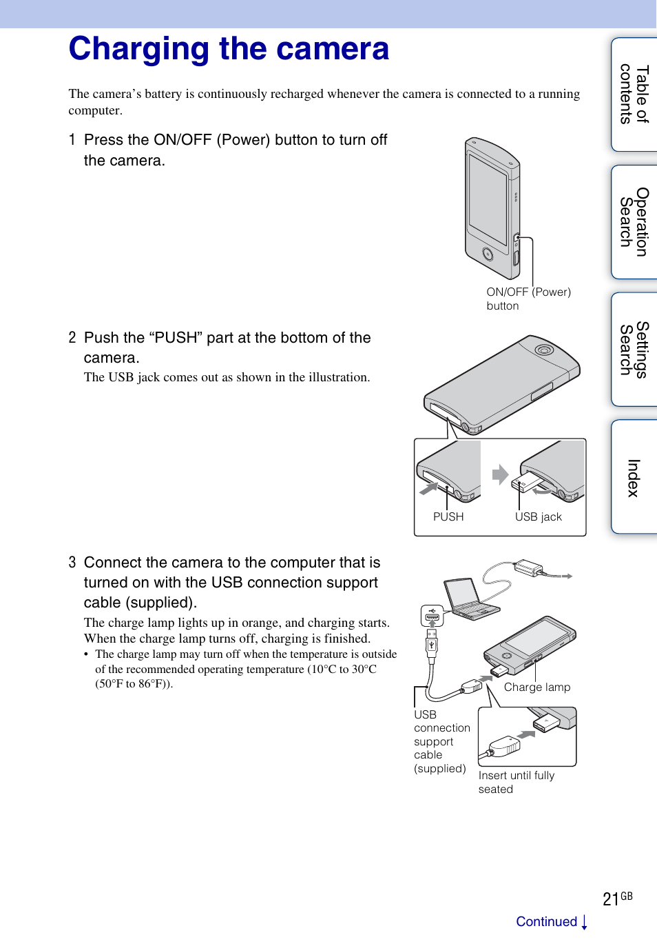 Charging the camera | Sony bloggie MHS-TS20К User Manual | Page 21 / 73