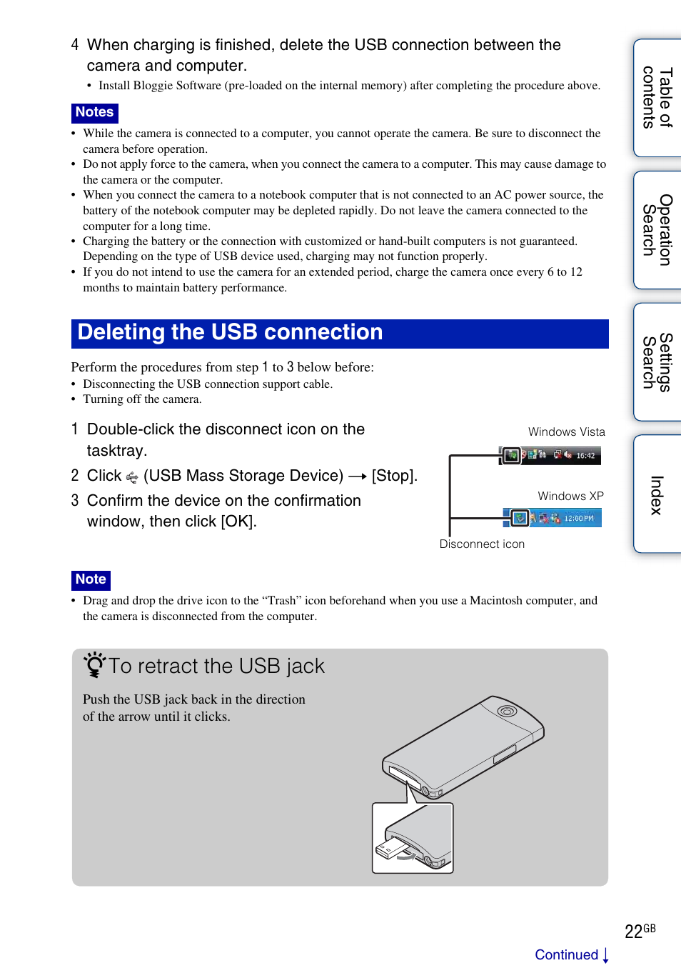 Deleting the usb connection | Sony bloggie MHS-TS20К User Manual | Page 22 / 73