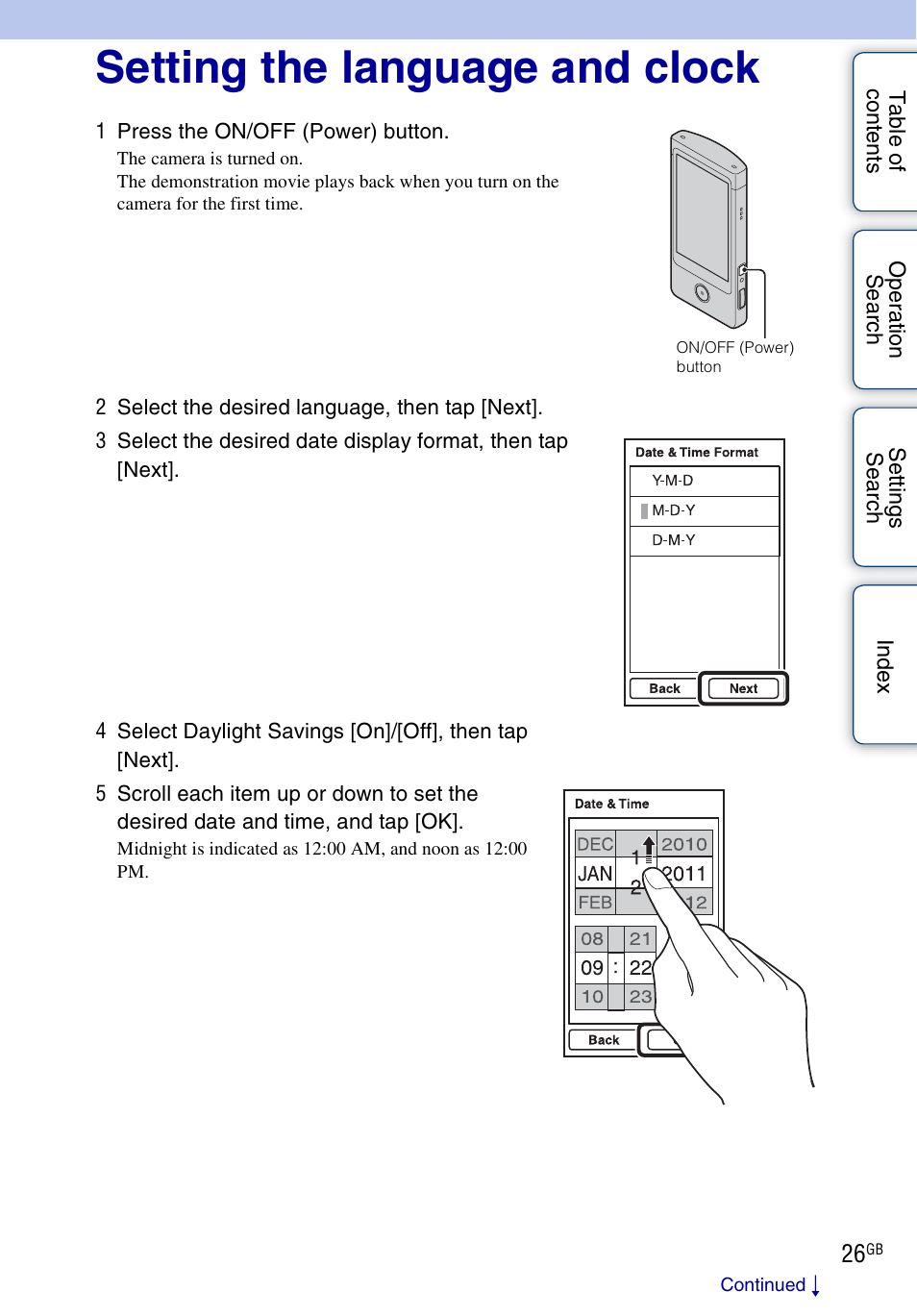 Setting the language and clock | Sony bloggie MHS-TS20К User Manual | Page 26 / 73