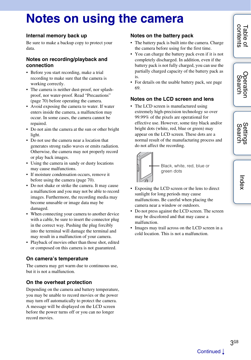 Notes on using the camera | Sony bloggie MHS-TS20К User Manual | Page 3 / 73