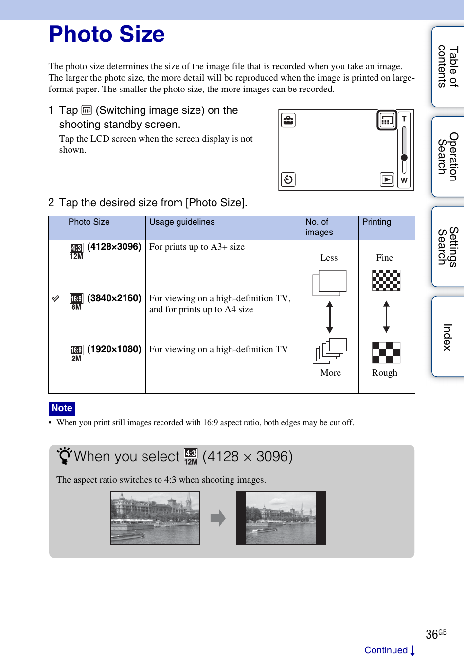 Photo size | Sony bloggie MHS-TS20К User Manual | Page 36 / 73
