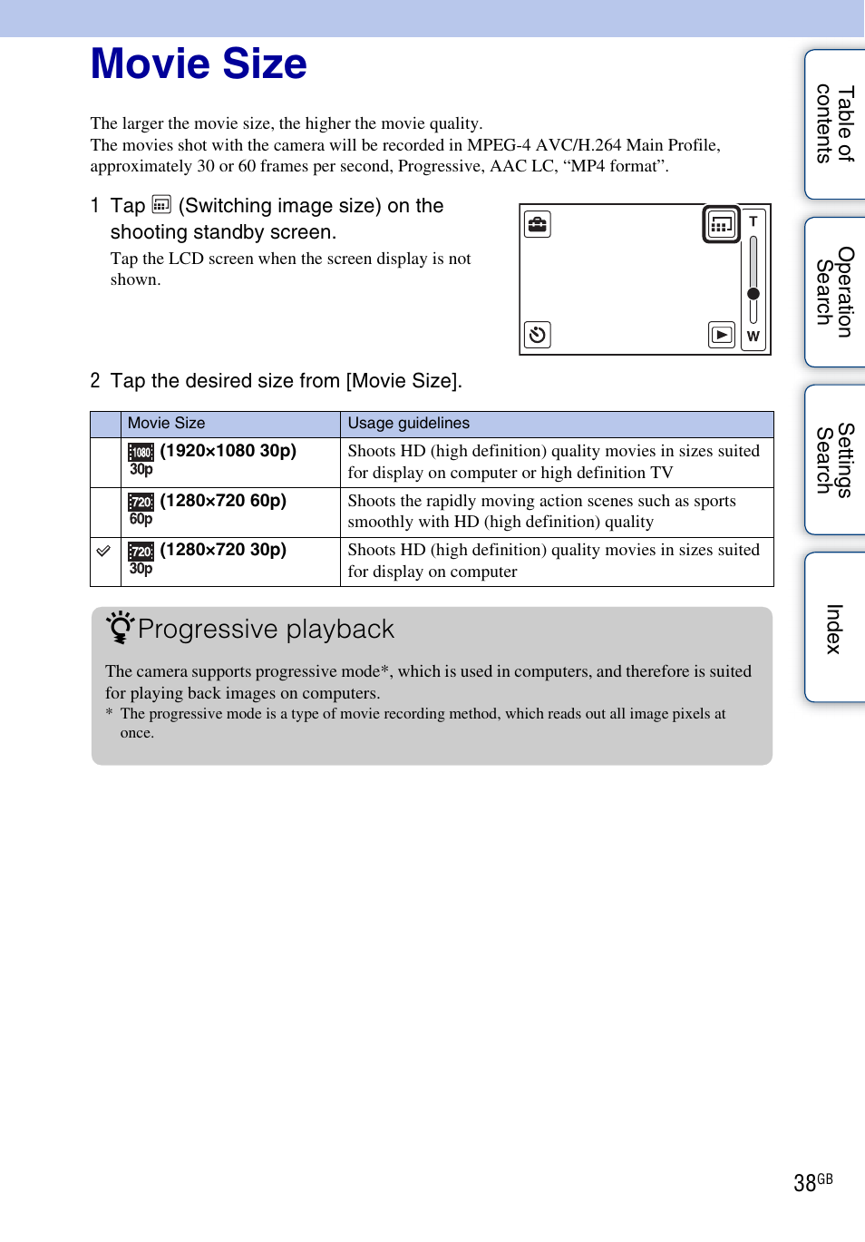 Movie size, Progressive playback | Sony bloggie MHS-TS20К User Manual | Page 38 / 73