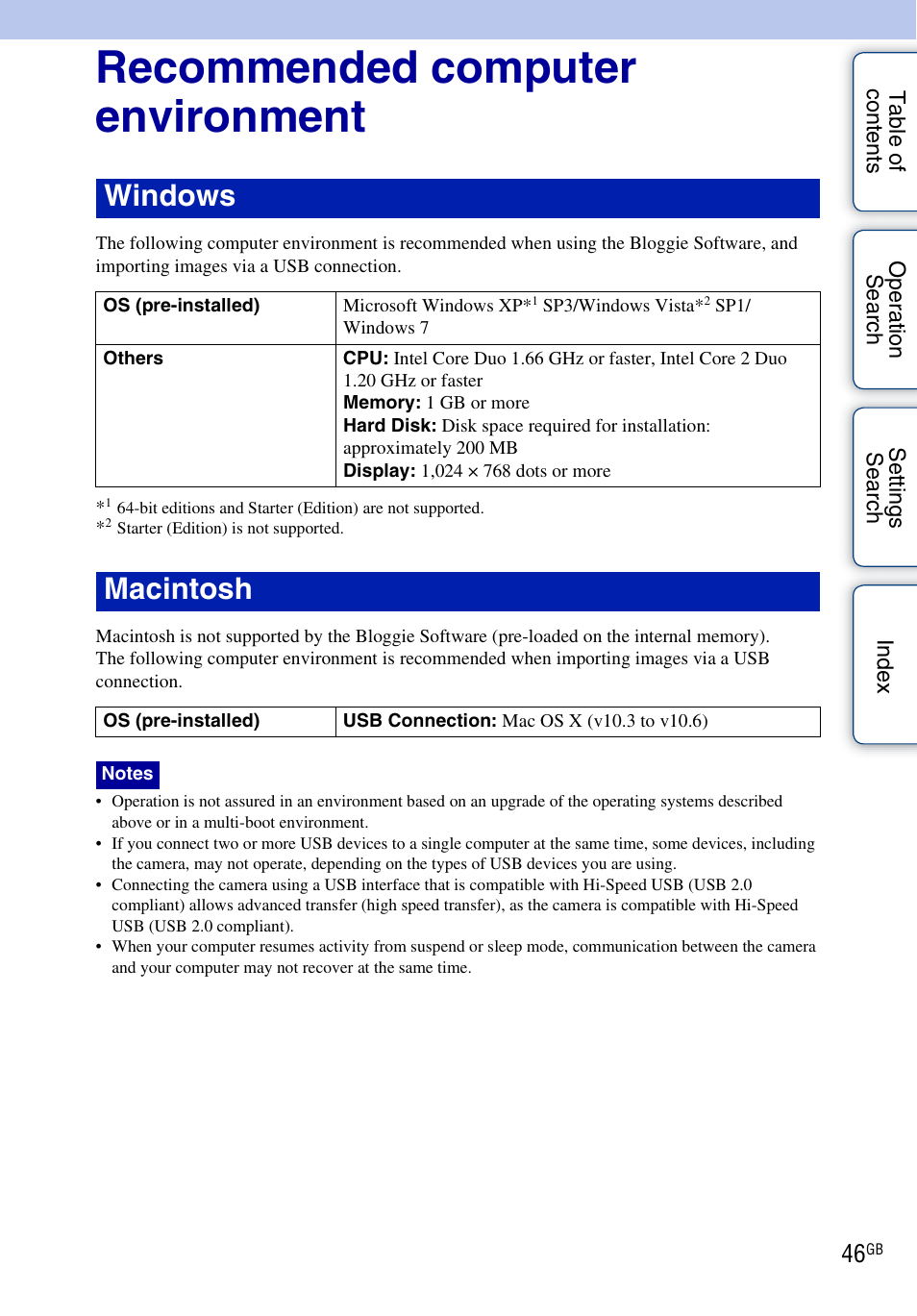 Recommended computer environment, Windows, Macintosh | Sony bloggie MHS-TS20К User Manual | Page 46 / 73