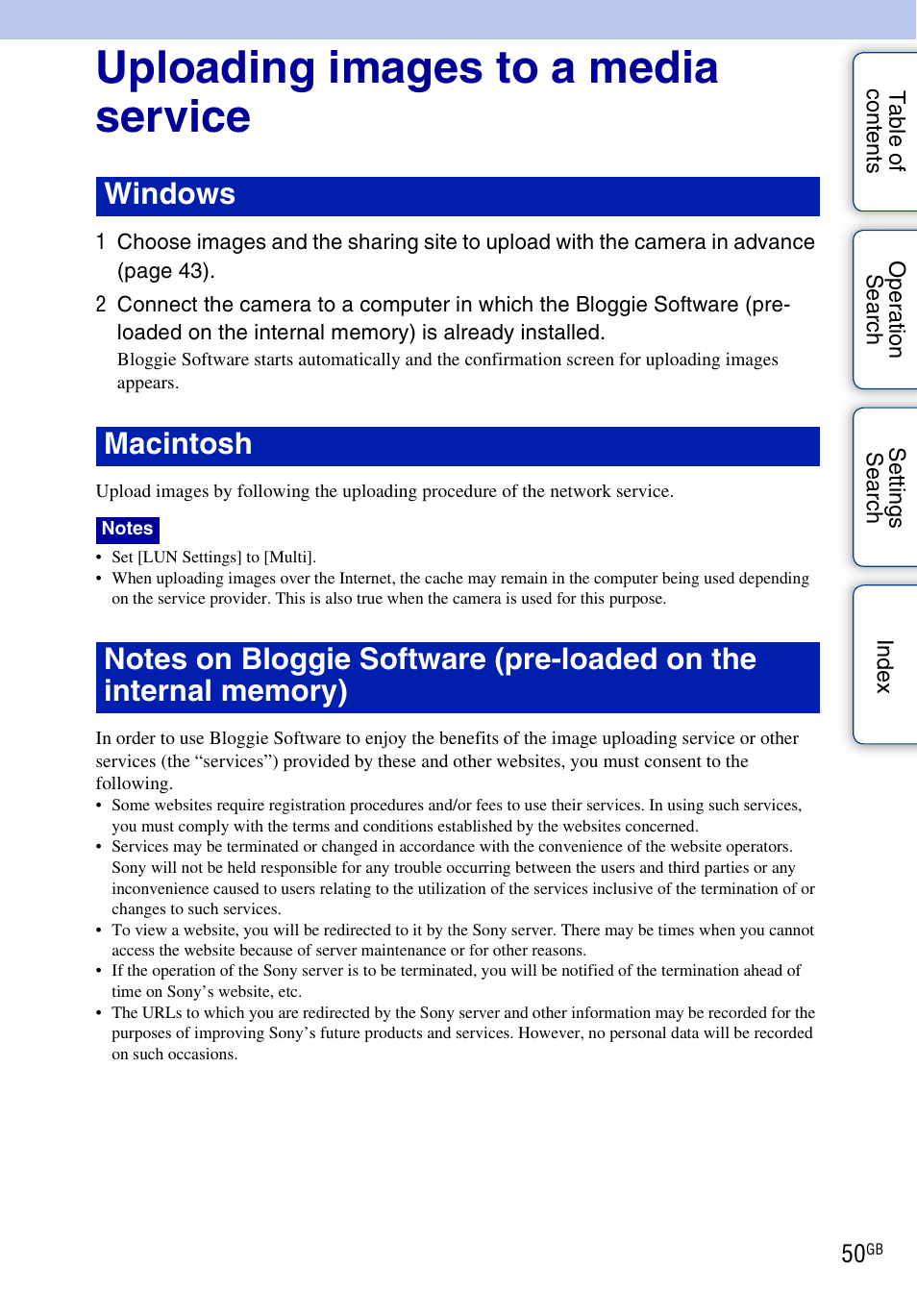 Uploading images to a media service, Windows macintosh | Sony bloggie MHS-TS20К User Manual | Page 50 / 73