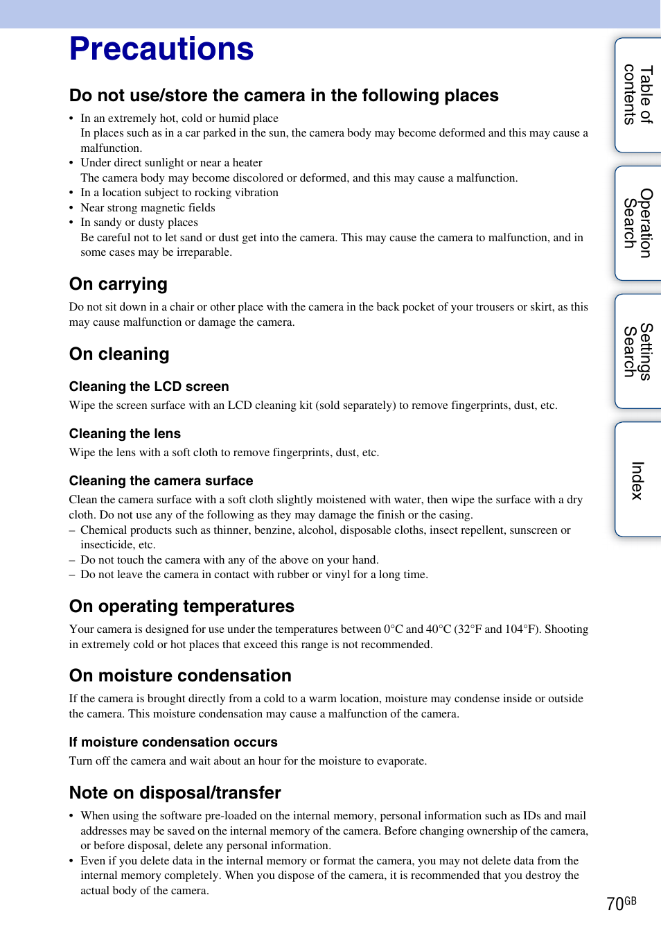 Precautions, On carrying, On cleaning | On operating temperatures, On moisture condensation | Sony bloggie MHS-TS20К User Manual | Page 70 / 73