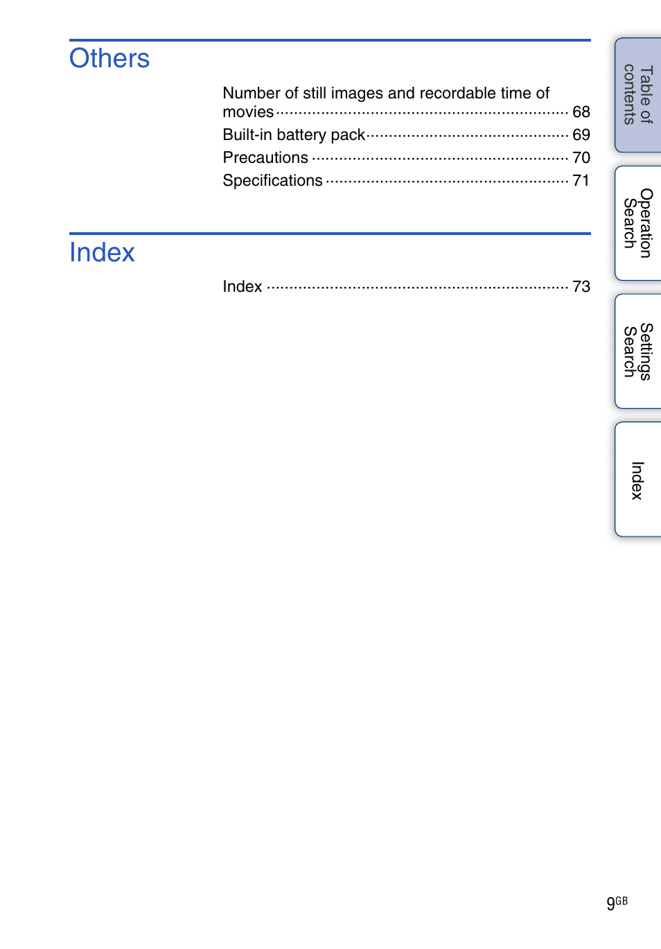 Others, Index | Sony bloggie MHS-TS20К User Manual | Page 9 / 73