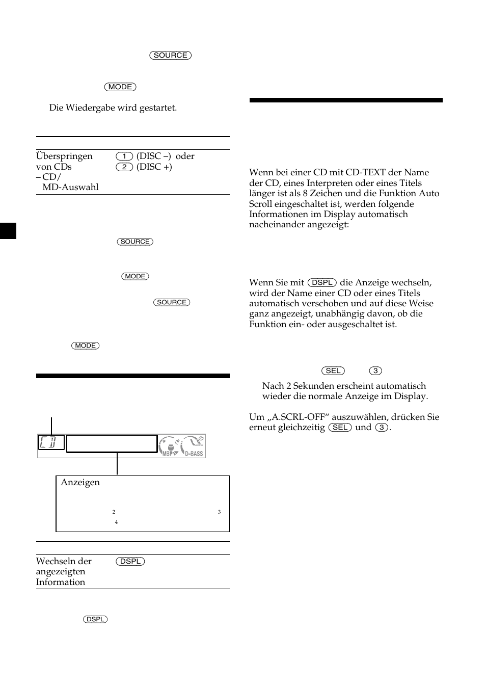 Automatisches verschieben von namen im display, Anzeigen im display | Sony CDX-CA600 User Manual | Page 36 / 132