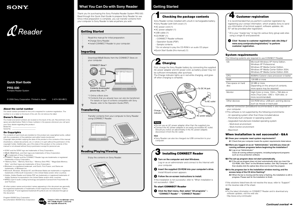 Sony READER PRS-500 User Manual | 2 pages