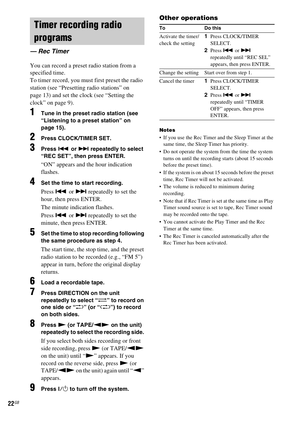 Timer recording radio programs, Rec timer | Sony CMT-GPX9DAB User Manual | Page 22 / 36