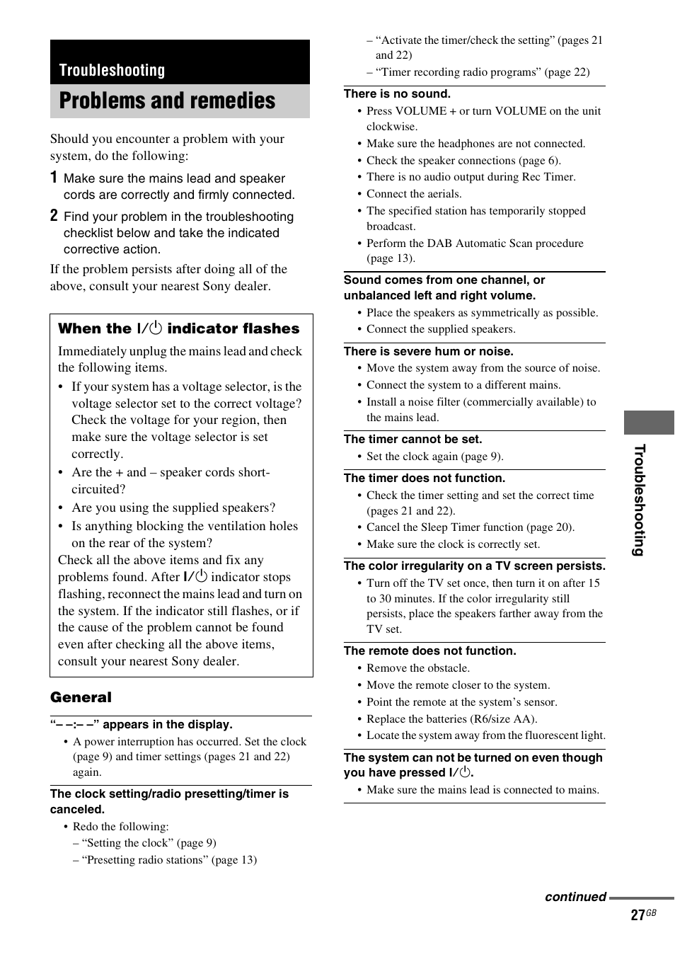 Troubleshooting, Problems and remedies | Sony CMT-GPX9DAB User Manual | Page 27 / 36