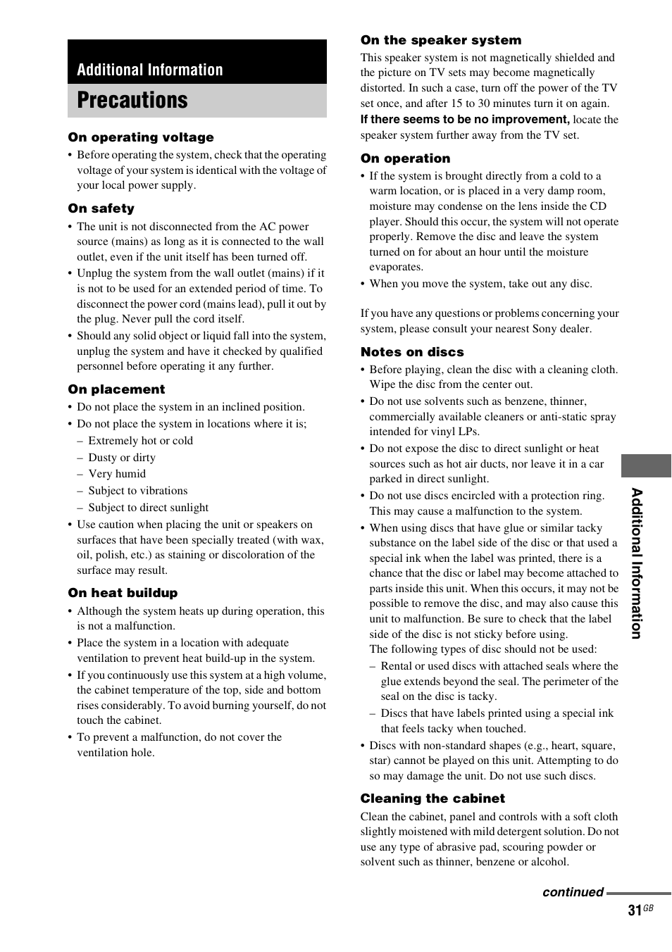 Additional information, Precautions | Sony CMT-GPX9DAB User Manual | Page 31 / 36