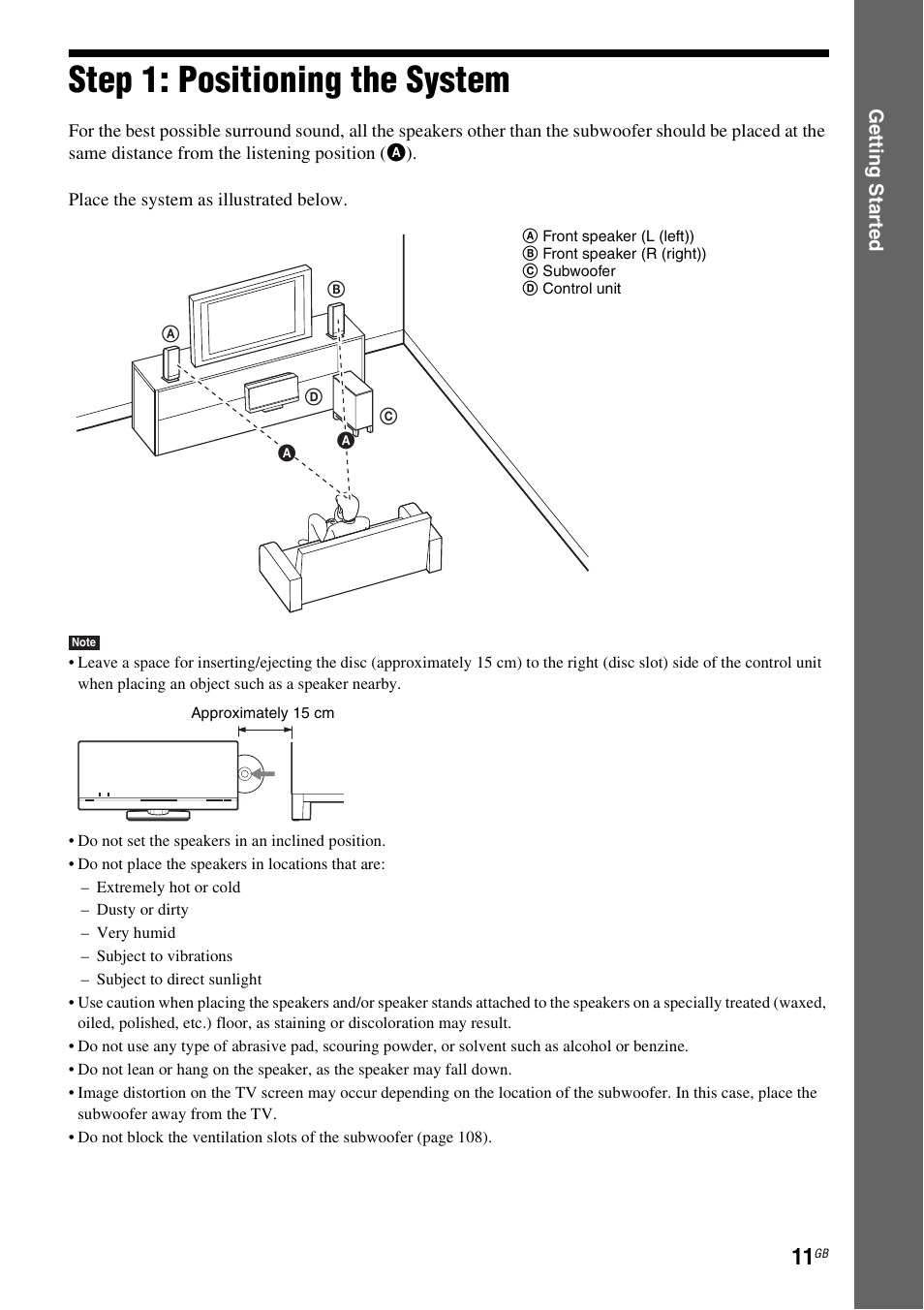 Step 1: positioning the system, Ge tting star te d | Sony 3-398-069-14(1) User Manual | Page 11 / 115