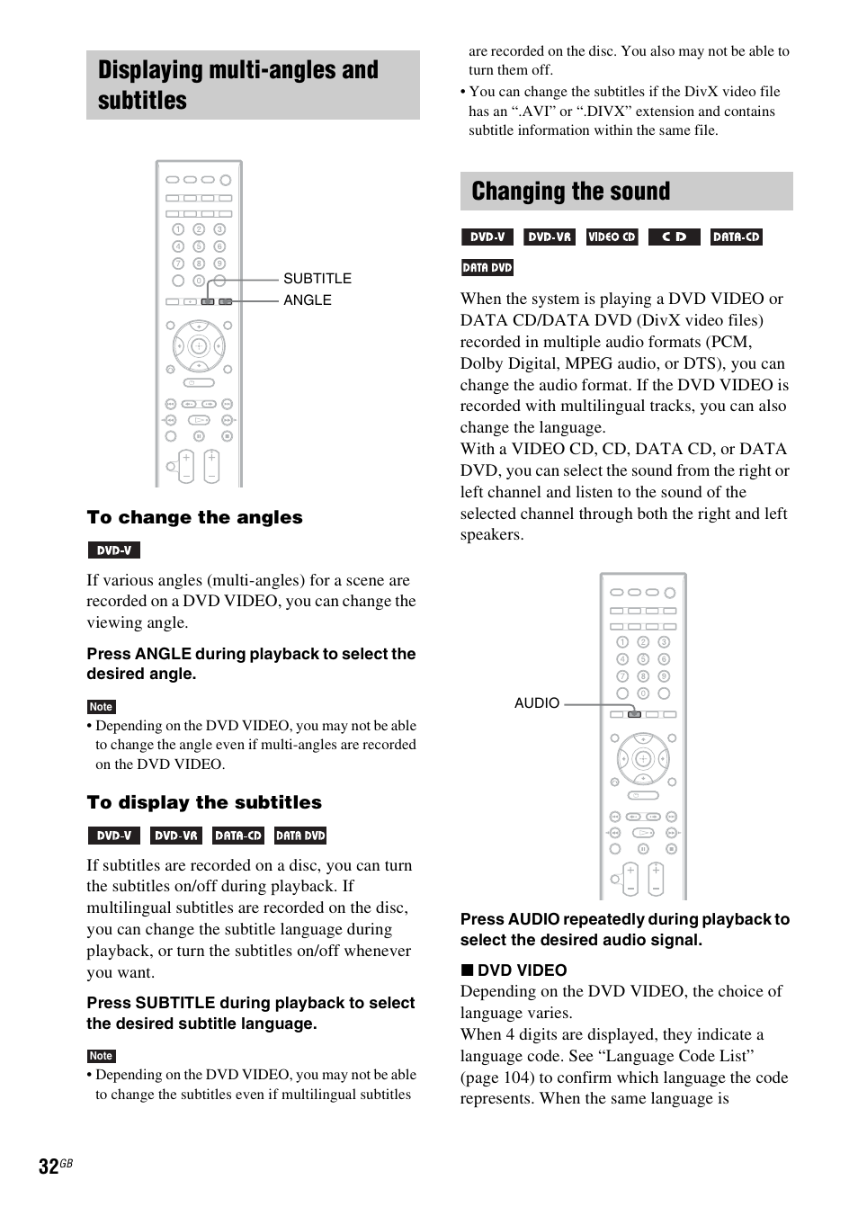 Displaying multi-angles and subtitles, Changing the sound | Sony 3-398-069-14(1) User Manual | Page 32 / 115