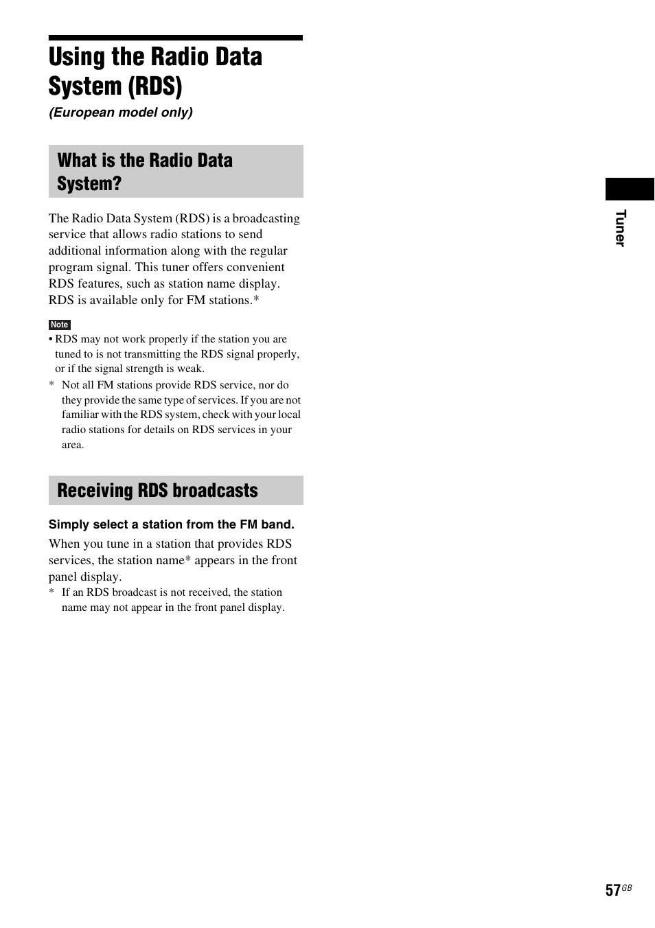 Using the radio data system (rds), What is the radio data system, Receiving rds broadcasts | Sony 3-398-069-14(1) User Manual | Page 57 / 115