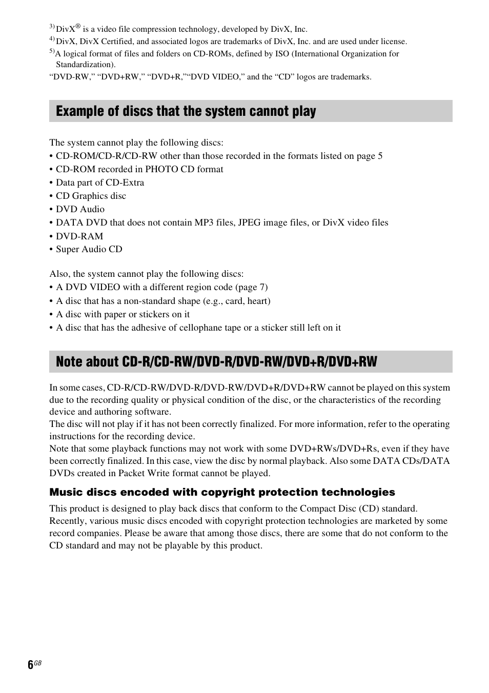 Example of discs that the system cannot play, Note about cd-r/cd-rw/dvd-r/dvd-rw/dvd+r/dvd+rw | Sony 3-398-069-14(1) User Manual | Page 6 / 115