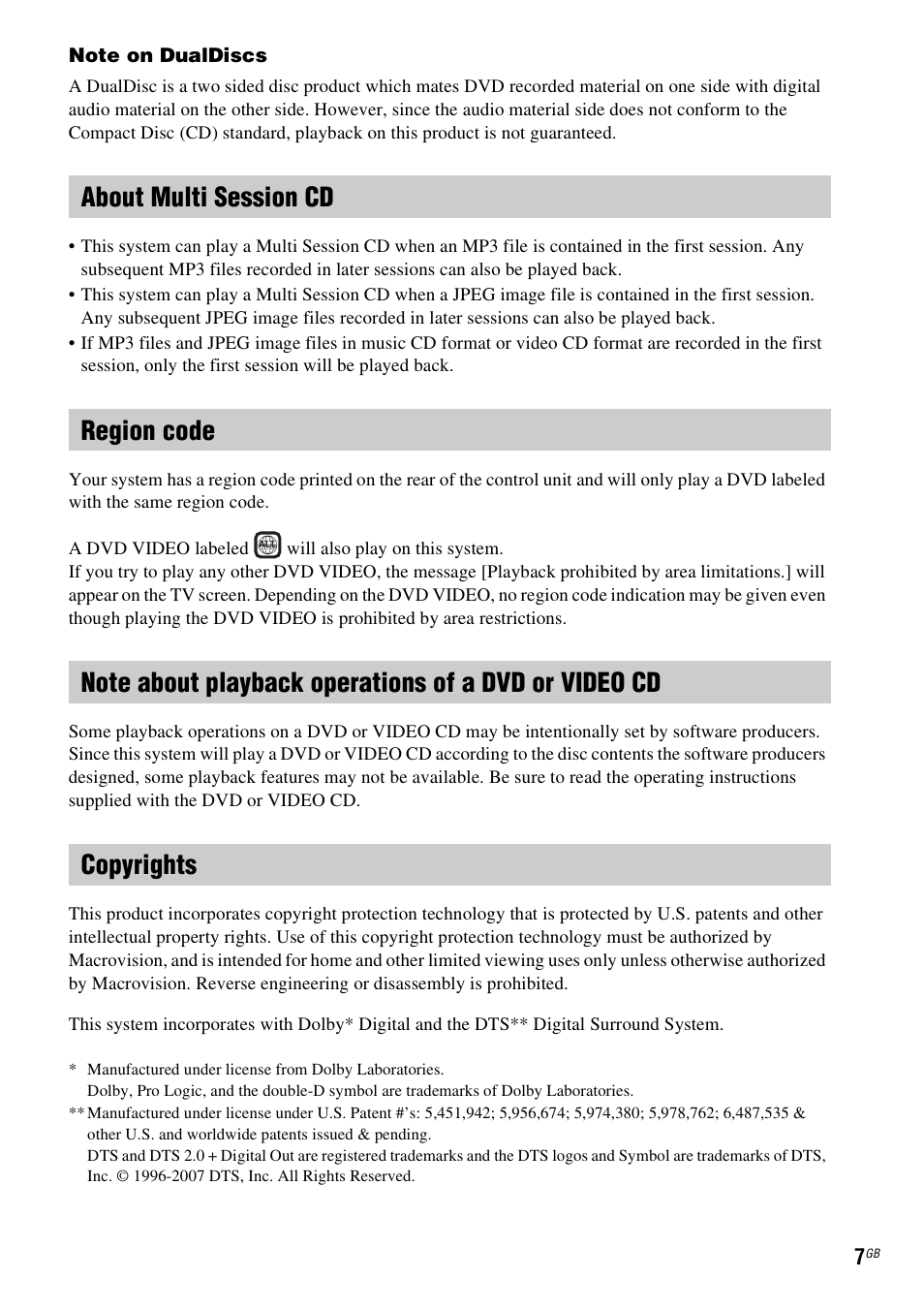 About multi session cd, Region code, Copyrights | Sony 3-398-069-14(1) User Manual | Page 7 / 115