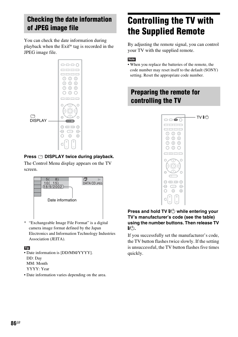 Checking the date information of jpeg image file, Controlling the tv with the supplied remote, Preparing the remote for controlling the tv | Controlling the tv with the supplied, Remote | Sony 3-398-069-14(1) User Manual | Page 86 / 115