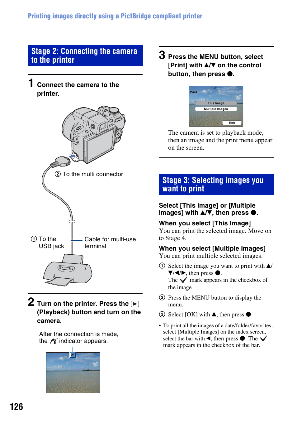 Stage 2: connecting the camera to the printer, Stage 3: selecting images you want to print | Sony Cyber-shot 3-295-460-12(1) User Manual | Page 126 / 154
