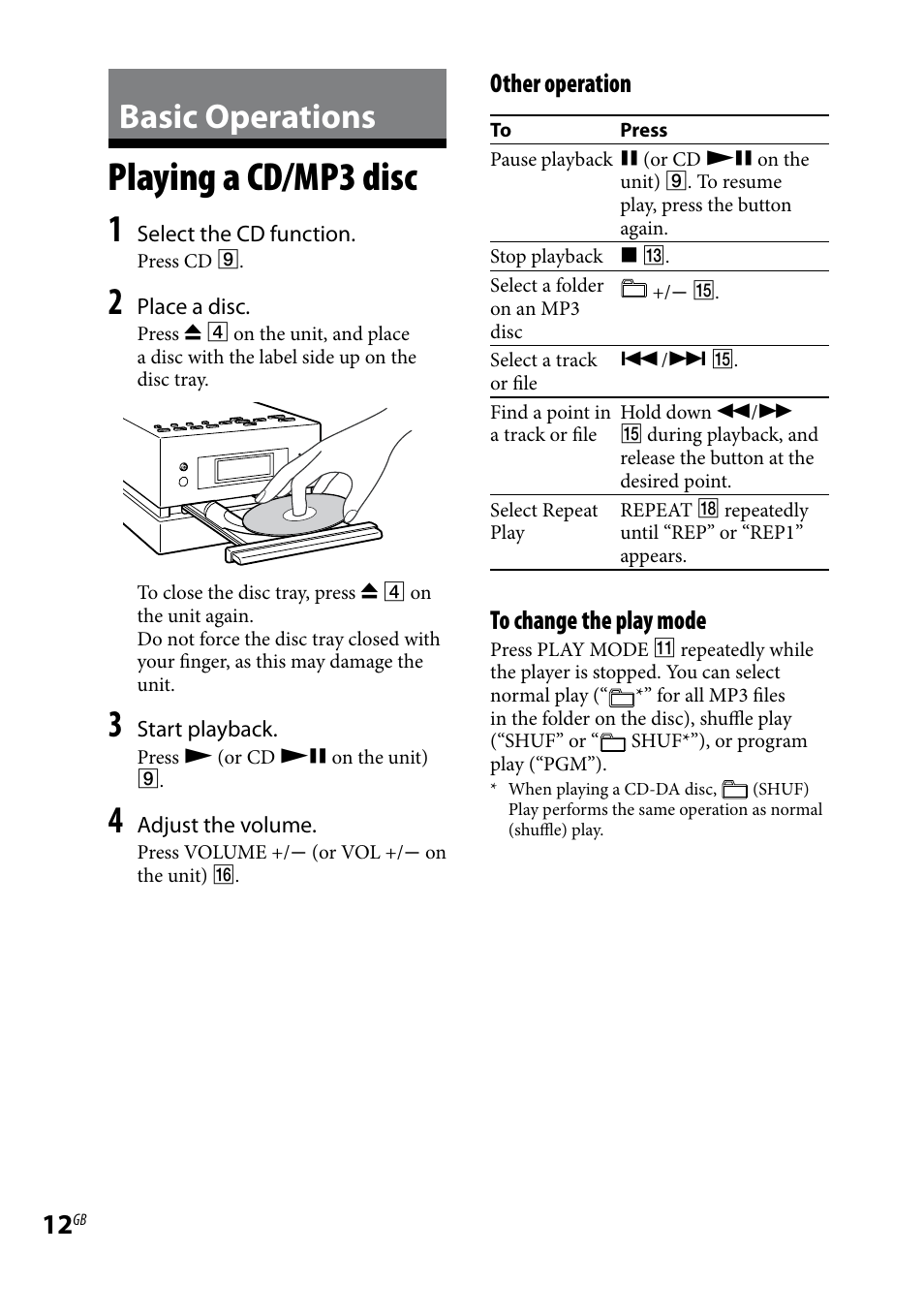 Basic operations, Playing a cd/mp3 disc, Other operation | Sony CMTBX5BT User Manual | Page 12 / 36