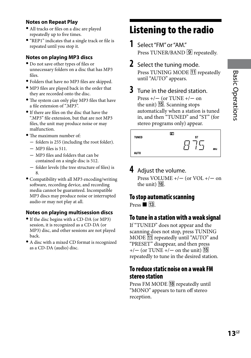 Listening to the radio, Basic oper ations | Sony CMTBX5BT User Manual | Page 13 / 36