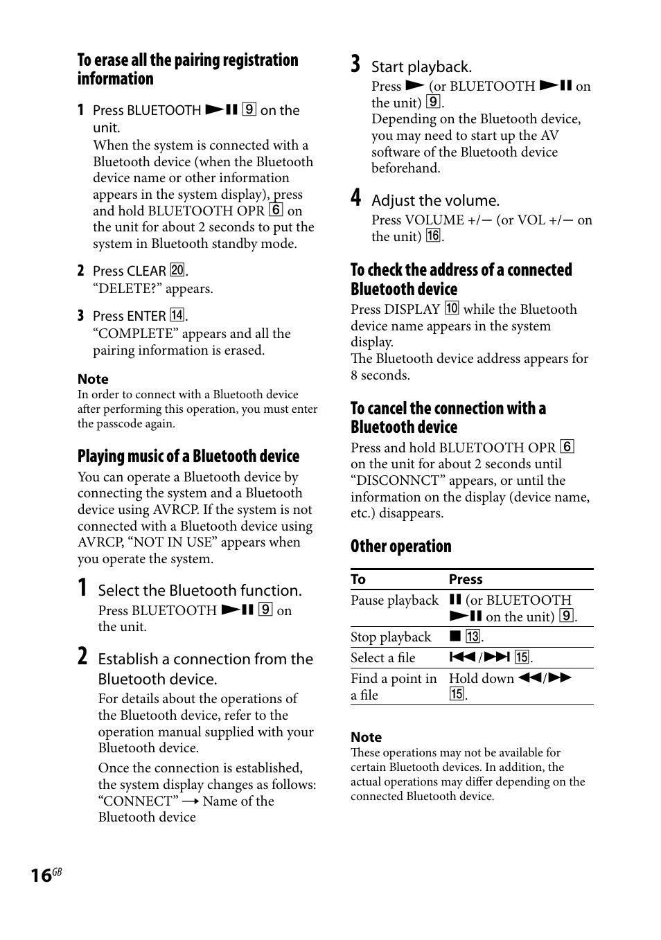 Playing music of a bluetooth device, Other operation | Sony CMTBX5BT User Manual | Page 16 / 36