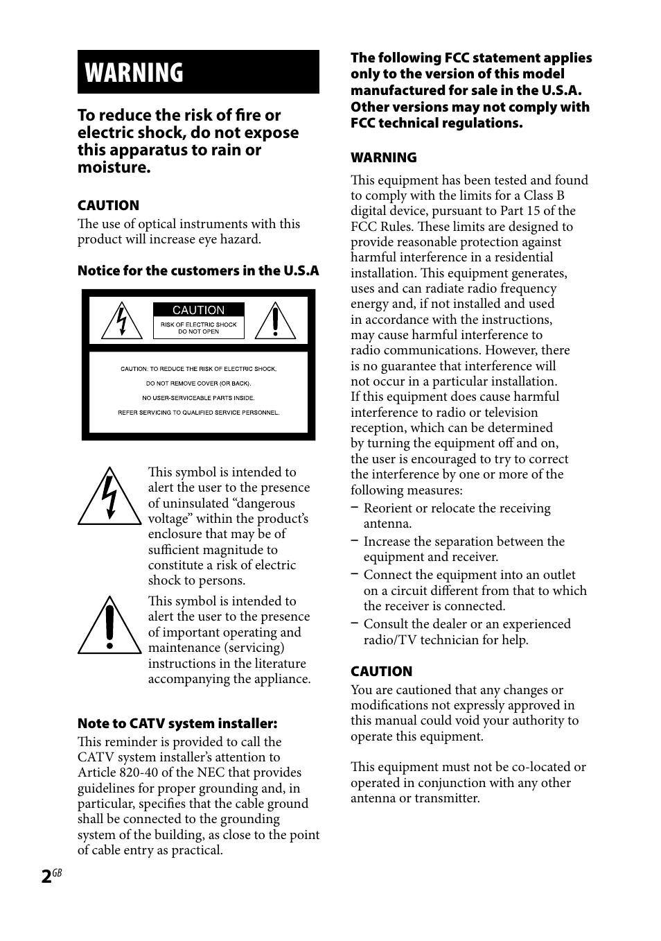 Warning | Sony CMTBX5BT User Manual | Page 2 / 36