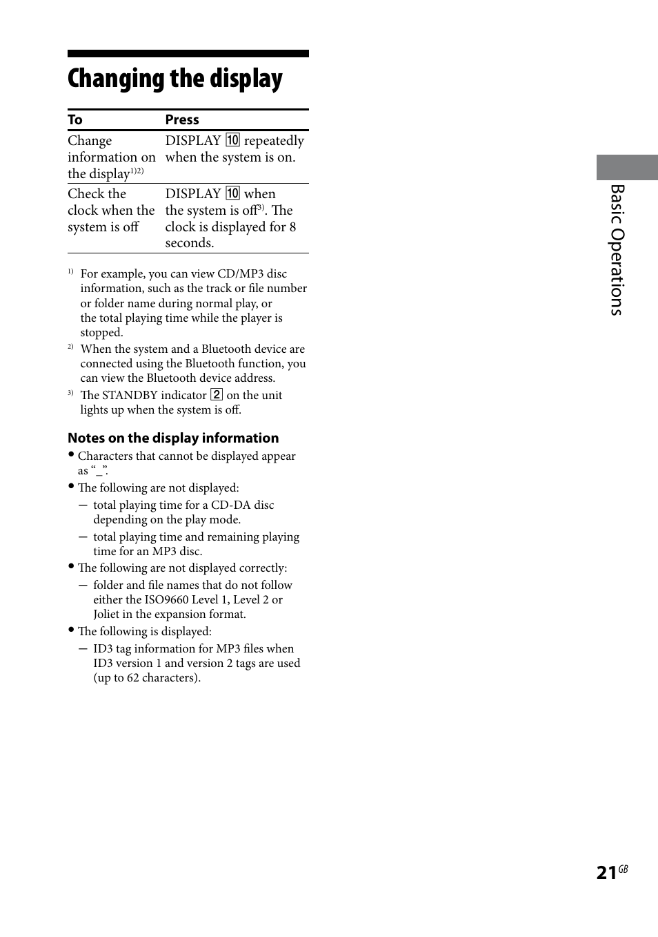 Changing the display, Basic oper ations | Sony CMTBX5BT User Manual | Page 21 / 36