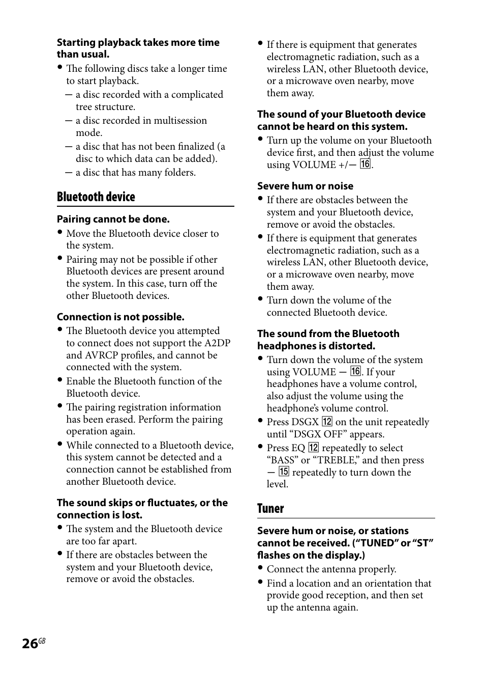 Bluetooth device, Tuner | Sony CMTBX5BT User Manual | Page 26 / 36