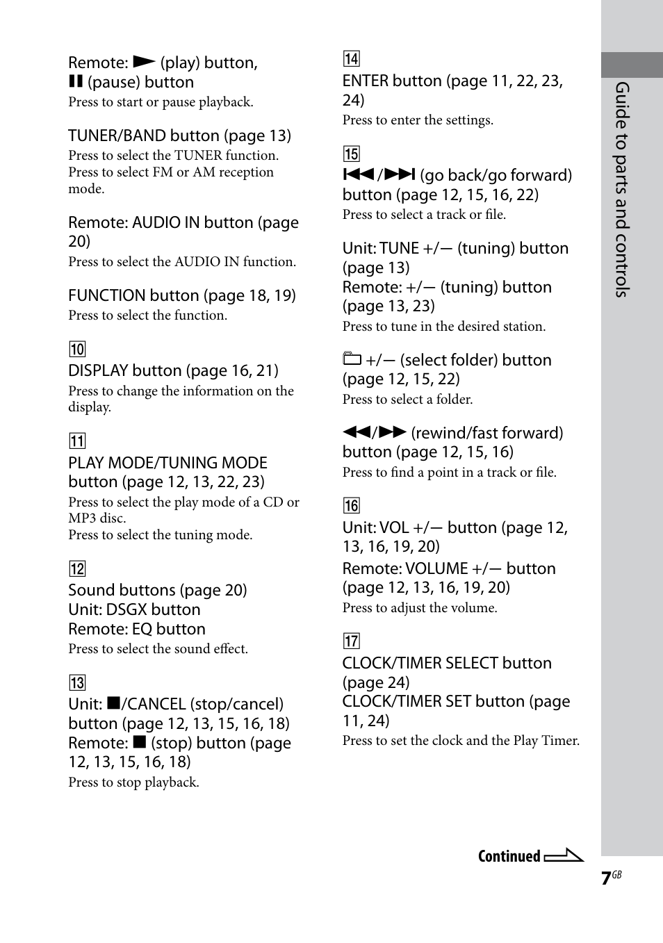 Guide t o par ts and c on tr ols | Sony CMTBX5BT User Manual | Page 7 / 36