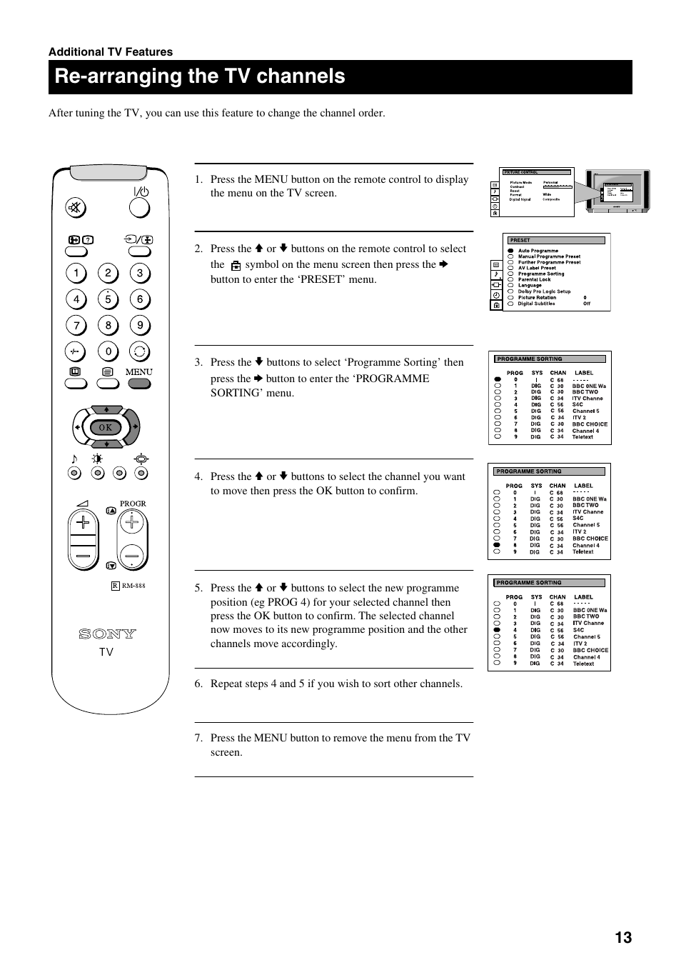 Re-arranging the tv channels | Sony KV-28DS20U User Manual | Page 15 / 38