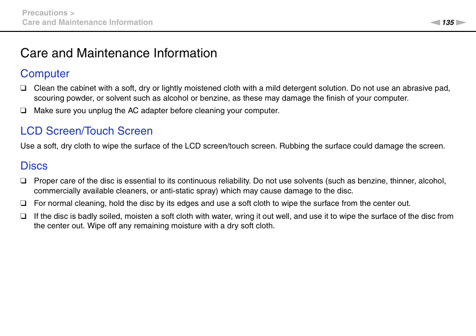 Care and maintenance information, Computer, Lcd screen/touch screen | Discs | Sony VPCL2 User Manual | Page 135 / 190