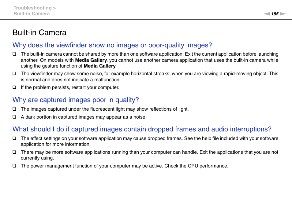 Built-in camera, Why are captured images poor in quality | Sony VPCL2 User Manual | Page 155 / 190