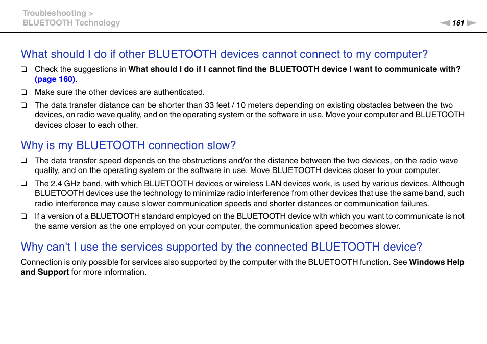 Why is my bluetooth connection slow | Sony VPCL2 User Manual | Page 161 / 190
