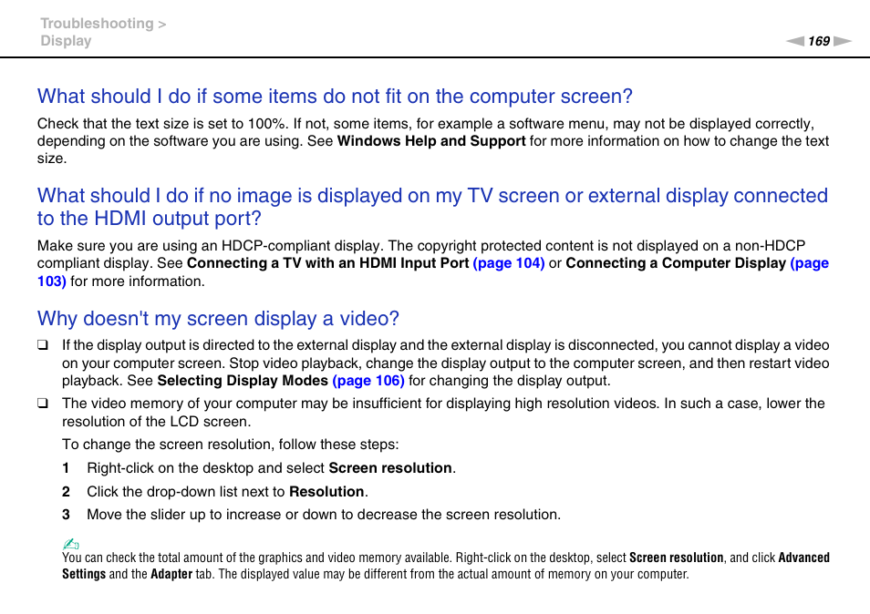 Why doesn't my screen display a video | Sony VPCL2 User Manual | Page 169 / 190