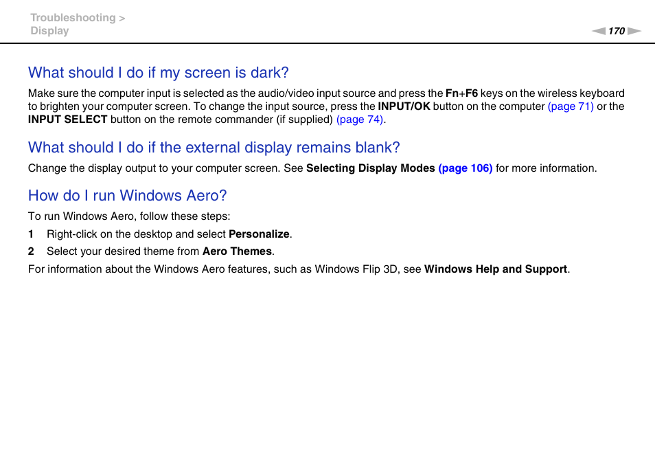 What should i do if my screen is dark, How do i run windows aero | Sony VPCL2 User Manual | Page 170 / 190