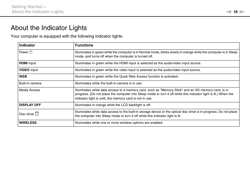 About the indicator lights | Sony VPCL2 User Manual | Page 18 / 190