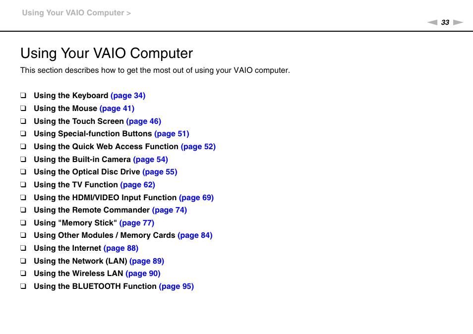 Using your vaio computer | Sony VPCL2 User Manual | Page 33 / 190