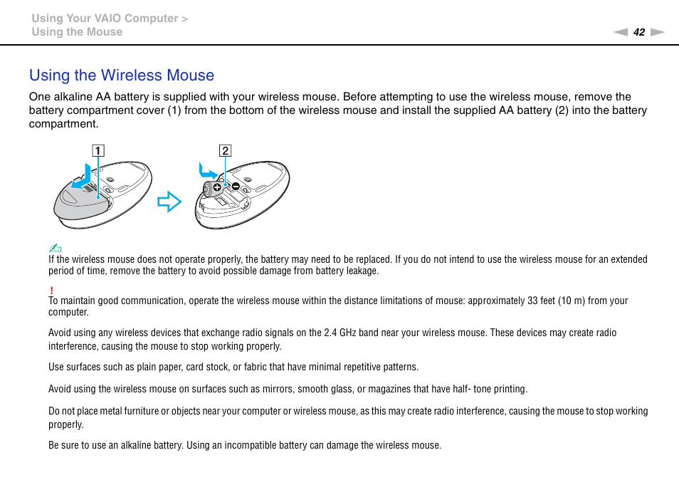 Using the wireless mouse | Sony VPCL2 User Manual | Page 42 / 190