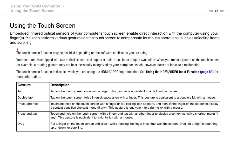 Using the touch screen | Sony VPCL2 User Manual | Page 46 / 190