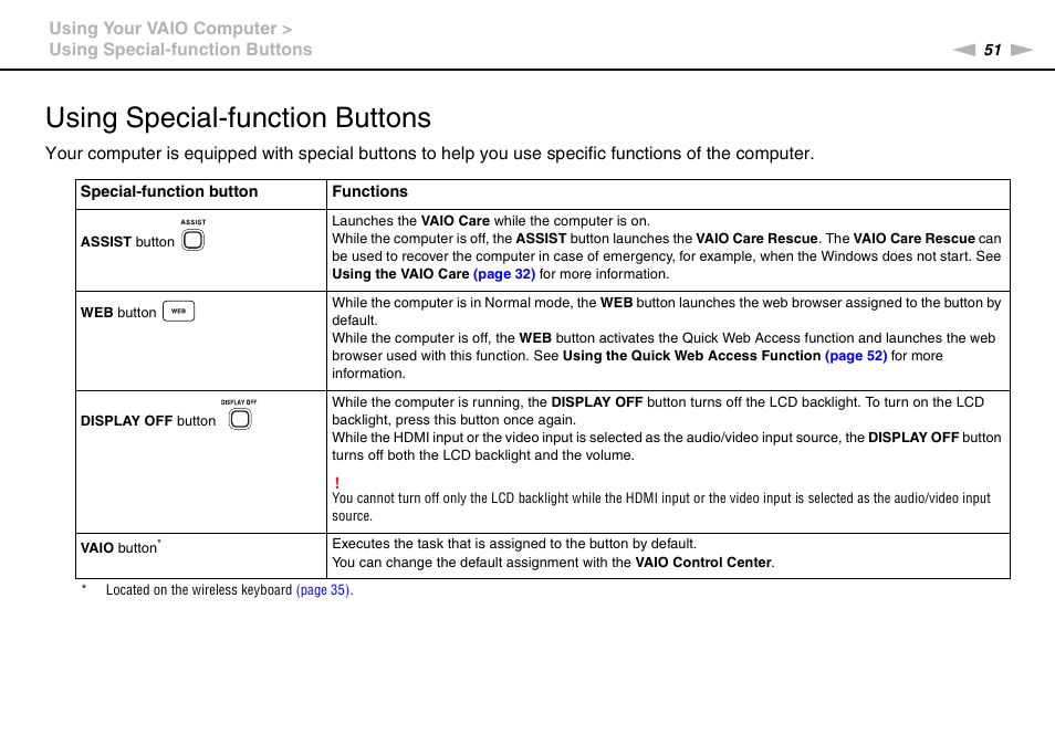 Using special-function buttons | Sony VPCL2 User Manual | Page 51 / 190