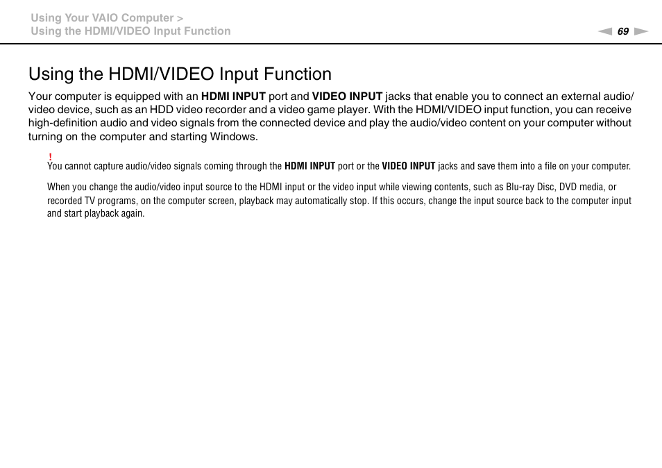 Using the hdmi/video input function | Sony VPCL2 User Manual | Page 69 / 190