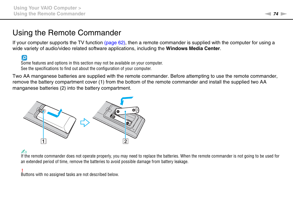 Using the remote commander | Sony VPCL2 User Manual | Page 74 / 190
