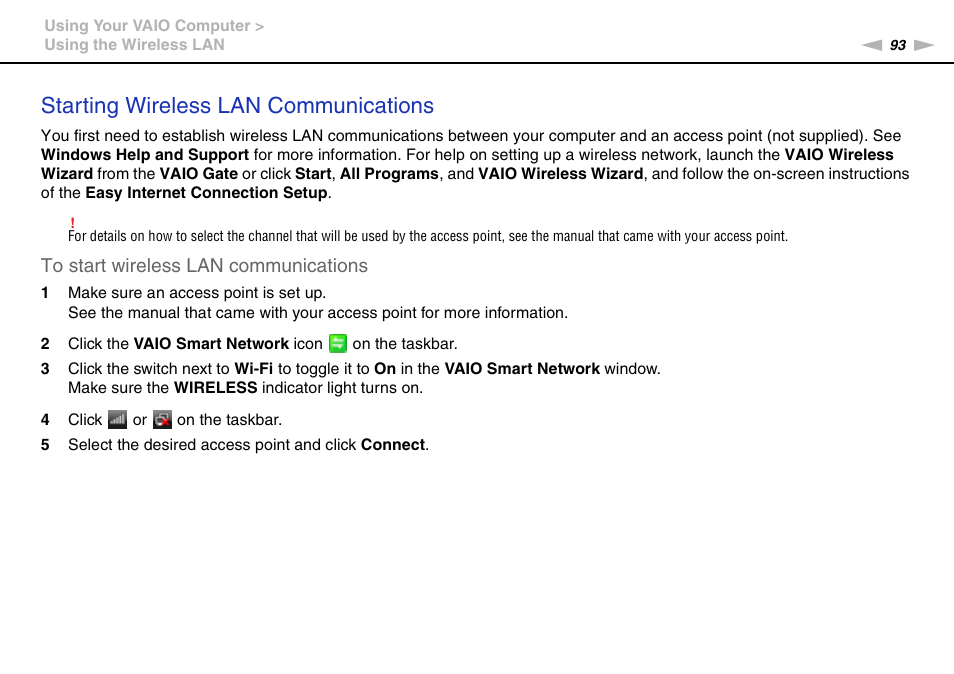Starting wireless lan communications | Sony VPCL2 User Manual | Page 93 / 190