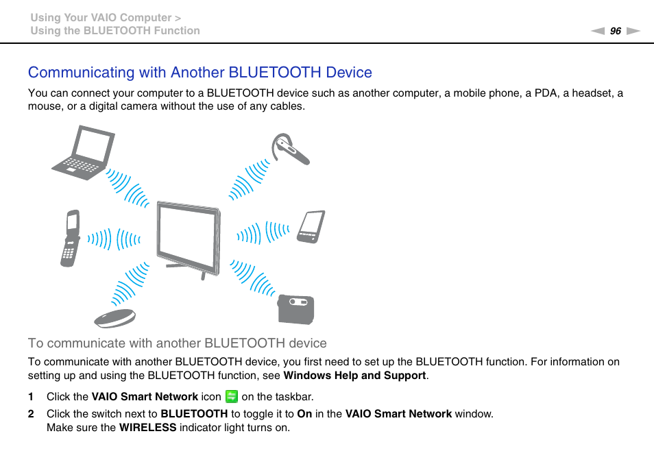 Communicating with another bluetooth device | Sony VPCL2 User Manual | Page 96 / 190