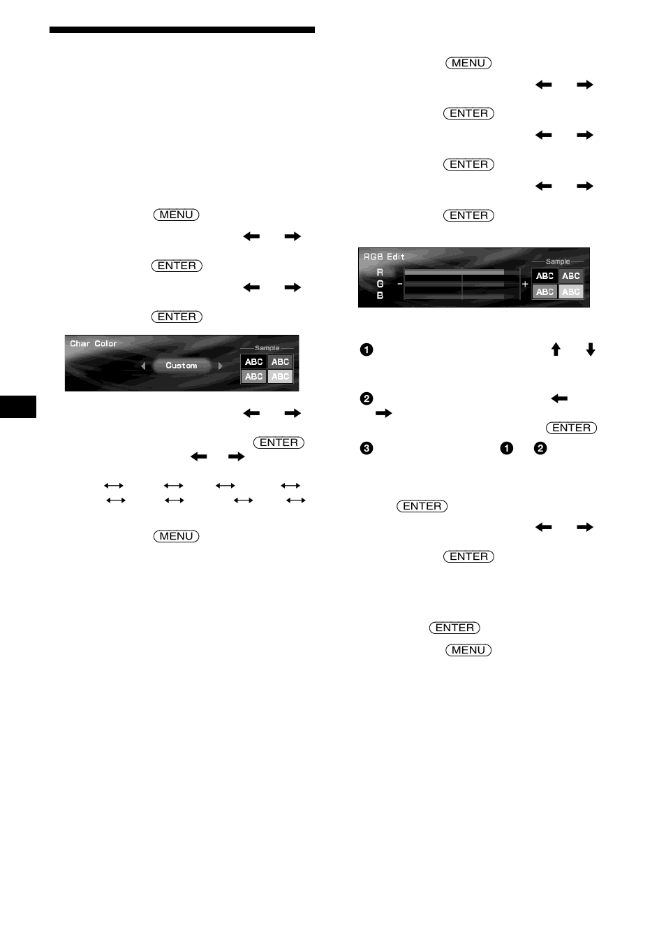 Réglage de la couleur des caractères, Char color, 24 réglage de la couleur des caractères | Sony CDX-M9905X User Manual | Page 68 / 136